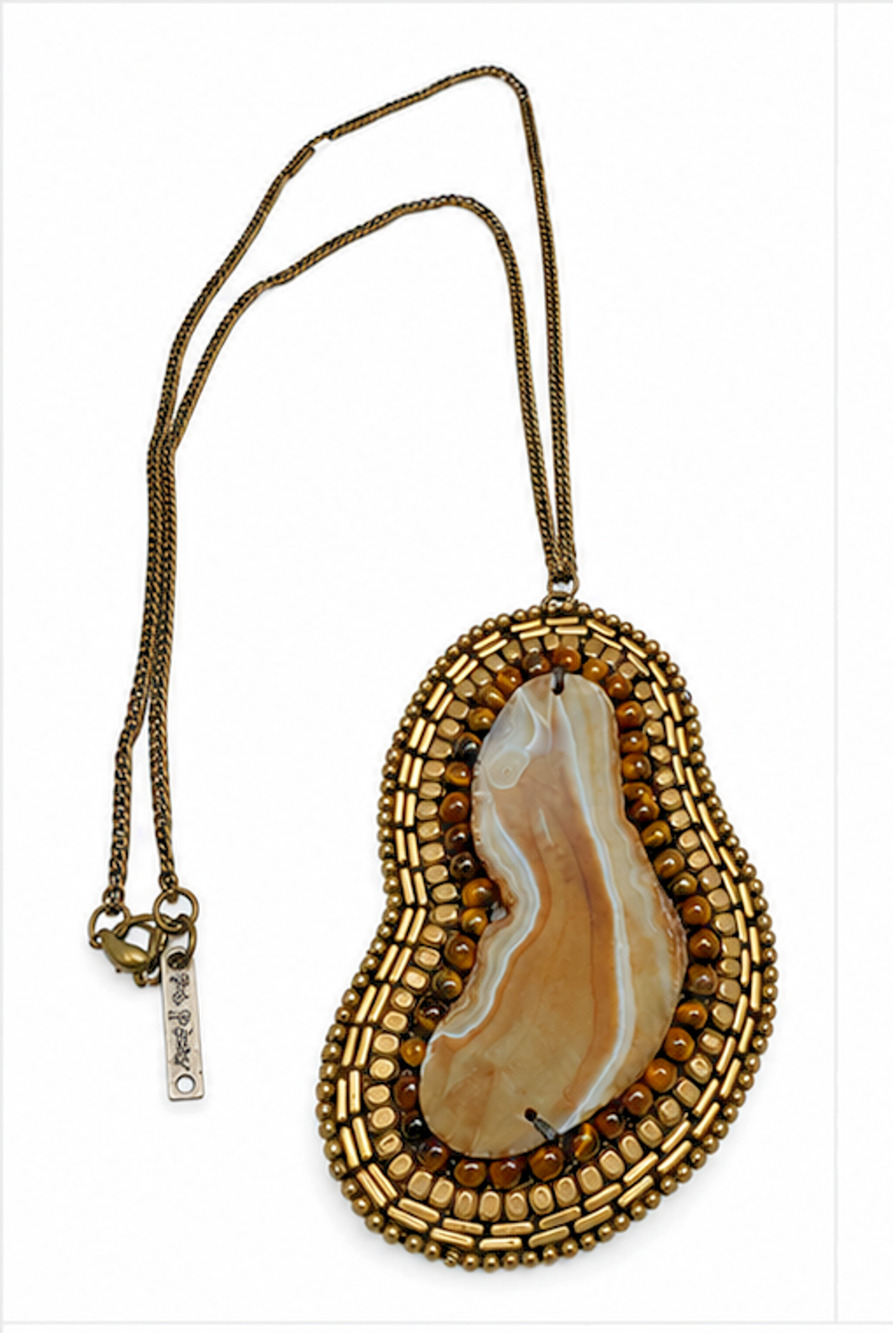 PINK PEWTER STATEMENT NECKLACE AGATE SLICE TIGER EYE BEADED BRONZE BOHO